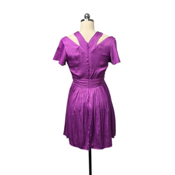 Anthropologie Dress‎ Womens 0 Purple Cutout Shoulder V Neck Pleated Cocktail - Picture 2 of 11